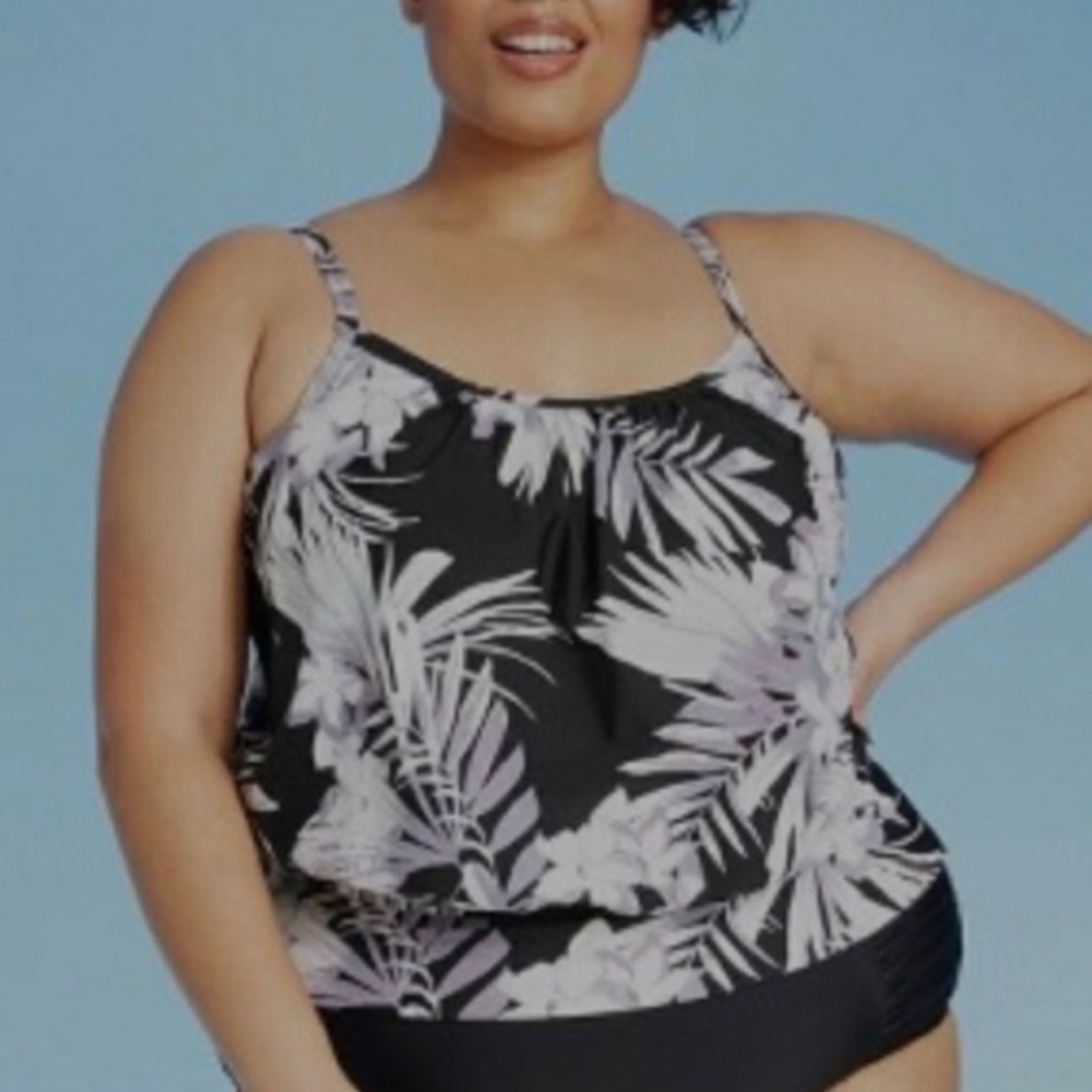 Kona Sol Tankini Swim Top Floral Black White Purple Size 20W
